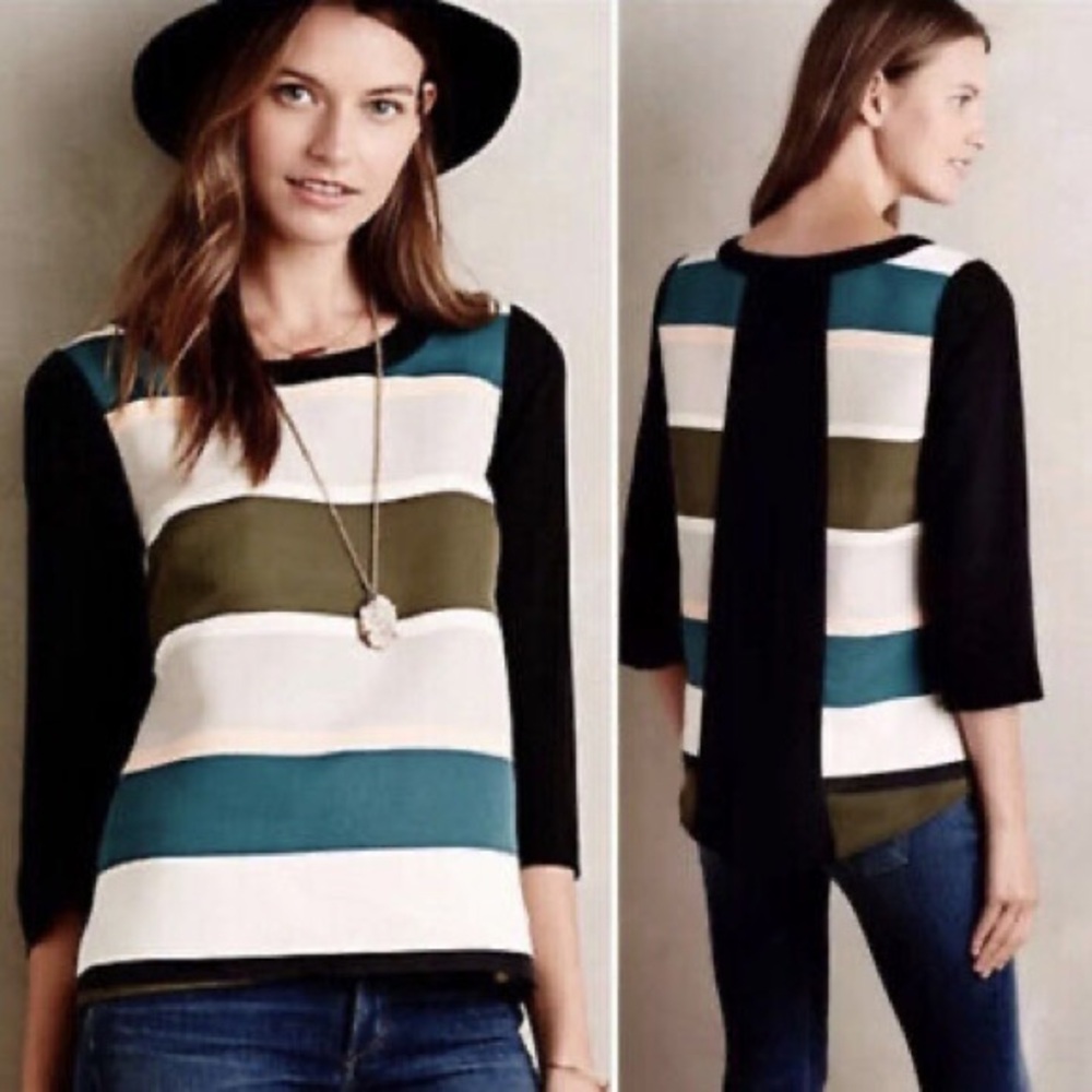 Anthropologie Troubadour shirt striped Black Green top womens size 2 split back